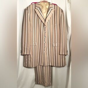 MENS 52R DENZEL COLLECTION PANTS 43 X 29 1/2 3 PIECE TAN & BROWN STRIPE SUIT